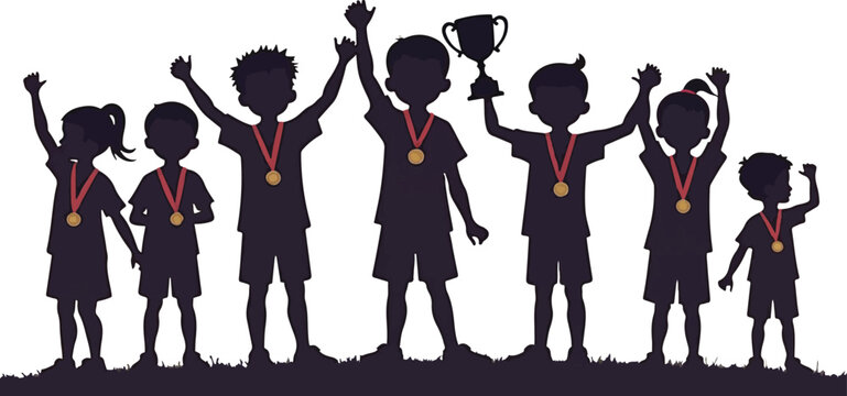 Silhouetted children with medals and trophies celebrating victory