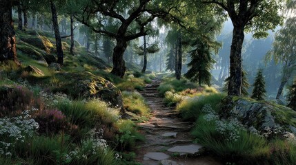 Fototapeta premium Enchanted Forest Path Bathed in Golden Sunlight.