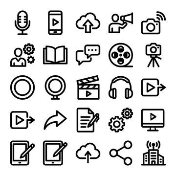 Black icons of technology devices media.