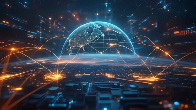 A futuristic cityscape at night showcases a global payment network with a digital globe and interconnected lines symbolizing fintech innovation and cashless economy.