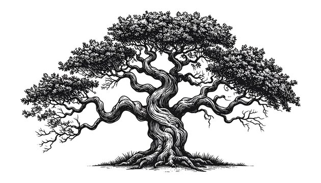 Black and white illustration of a stylized, gnarled tree with dense foliage atop a thick, twisted trunk