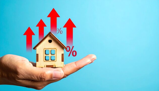 Hand holding miniature house with upward red arrows and percentage symbols on blue background