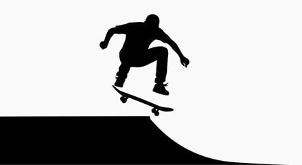 Fototapeta premium Vector silhouette of a skateboarder performing an aerial trick on a ramp