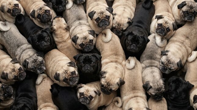 A dense pile of fawn and black pugs with wrinkled faces and dark eyes looking in various directions
