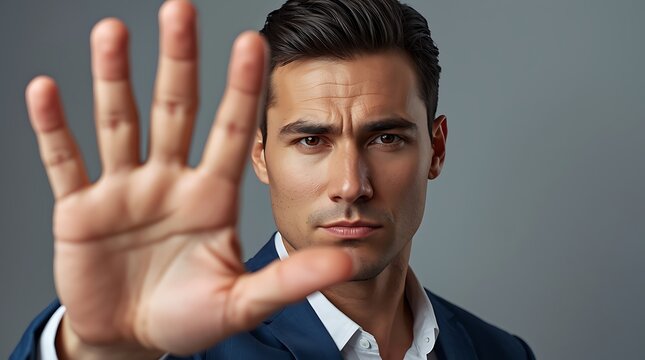 Serious Man Gesturing Stop Sign with Hand in Studio.