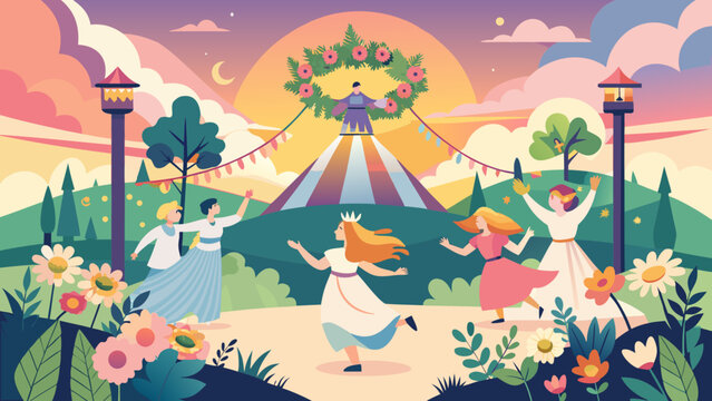 Festival celebration with dancing women in colorful dresses under sunset sky with floral arch