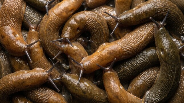 A dense pile of slimy brown and green garden slugs with visible tentacles and textured bodies gastropods