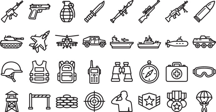 Military And Army Equipment Outline Icon Set With Weapons Combat And Defense Elements
