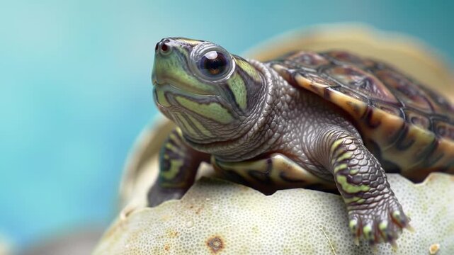 Macro portrait of a small turtle resting on a rock.