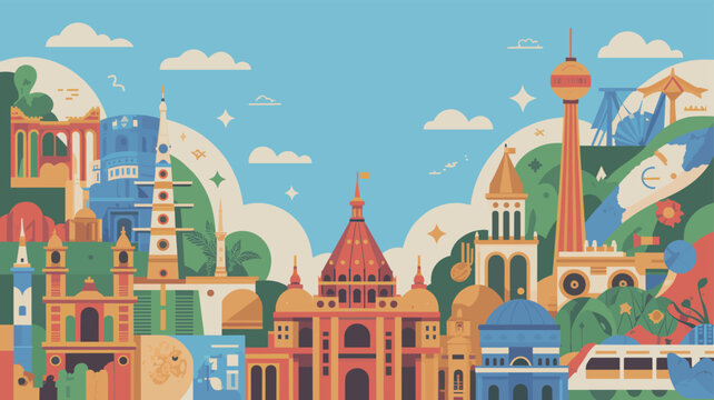 Vibrant flat illustration of a diverse cityscape featuring famous architectural landmarks under a bright blue sky, showcasing global travel and culture.