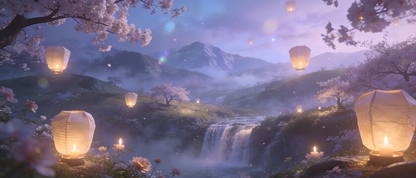 Ethereal twilight landscape with floating lanterns, cherry blossoms, and a waterfall