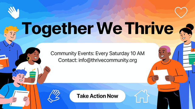 Together We Thrive: Community Events Every Saturday at 10 AM, Contact info@thrivecommunity.org for details and to take action.
