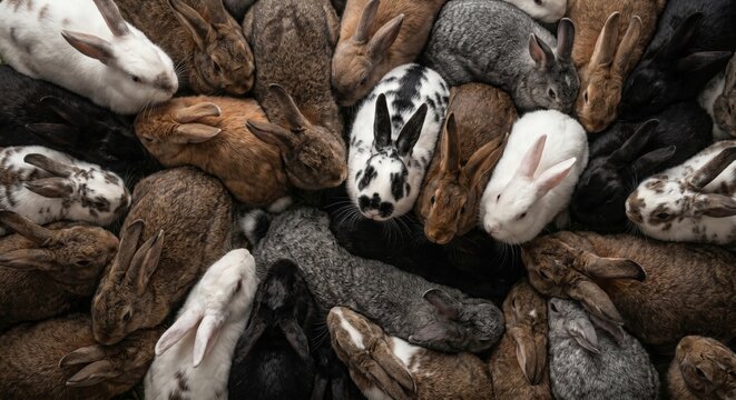 A dense pile of various colored rabbits including white black brown grey and spotted breeds huddled together in a close up overhead view