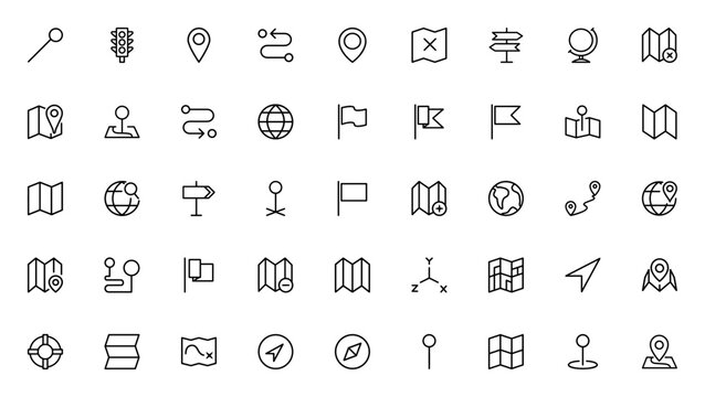Map location and navigation icon set. Minimal line icons pack. Featuring pin, route, compass, earth globe, flag, map, traffic light, treasure map, lifesaver and more. Editable vector stroke.