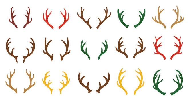 Set of Deer Antlers Icons in Various Colors - Christmas and Autumn Motifs