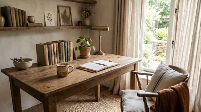 Rustic wooden desk with books and a mug in a cozy room
