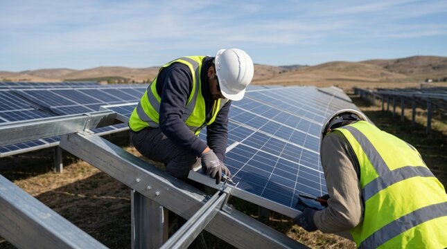 Professional workers installing solar panels on metal frames at renewable energy power plant, sustainable green technology concept.