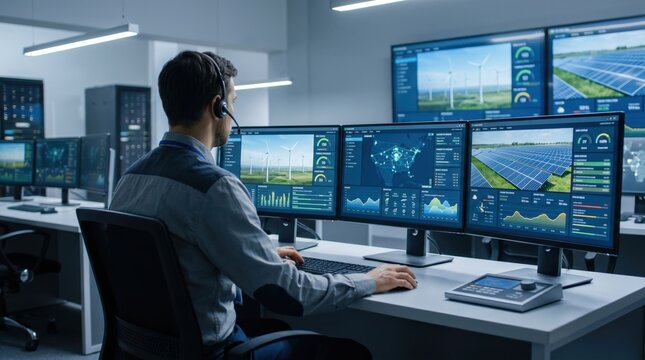 Renewable energy monitoring specialist workstation with multi screen setup displaying solar panel arrays and wind turbines