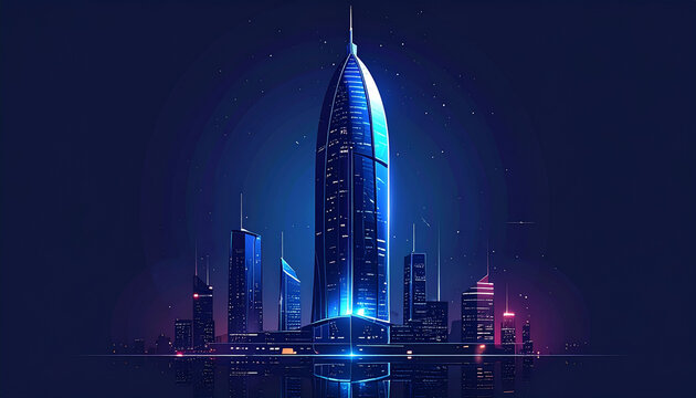 Futuristic Cityscape with Towering Skyscraper at Night