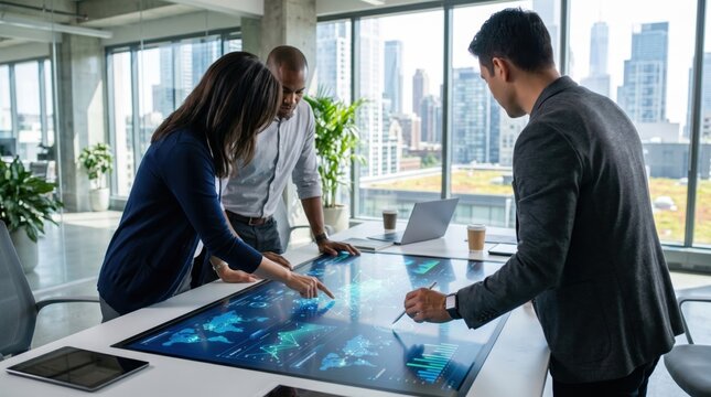 Diverse business team working on digital strategy with touch screen table, modern office collaboration, urban city background, global network analysis