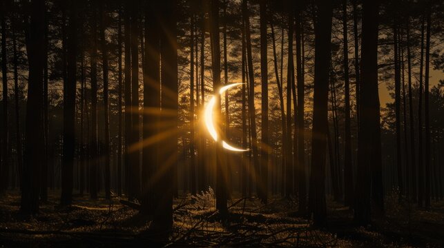 Forest solar eclipse with crescents and dark silhouettesCanon EOS R535mmf56