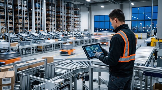 Modern warehouse worker using tablet to monitor automated conveyor belt system
