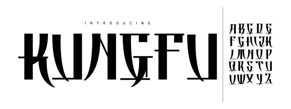 Kungfu: A bold oriental display font. Sharp martial arts typeface for Asian or Chinese-themed logos, gaming, and cultural branding.