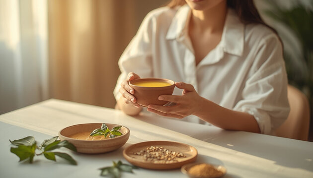Woman holding turmeric herbal drink in clay bowl with herbs and spices on white table, warm light