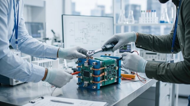 Engineers in laboratory testing and assembling advanced battery module with multimeter and tools for electric vehicle or energy storage system development and research project
