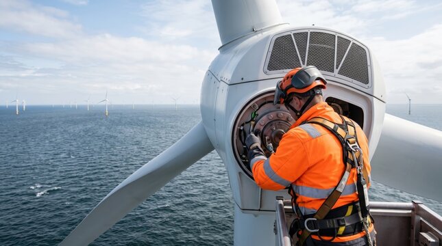 Offshore wind turbine technician performing maintenance on nacelle, renewable energy concept, industrial worker in safety gear repairing machinery at sea.