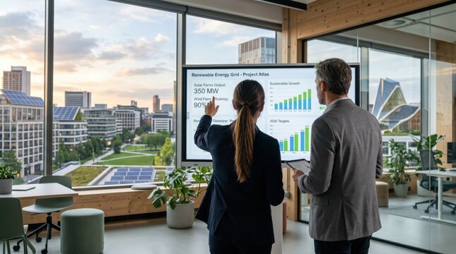 Colleagues reviewing renewable energy grid project atlas on interactive display