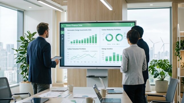 Business team analyzing green finance data on large screen, renewable energy investment charts and carbon reduction statistics in modern sustainable office with wind turbines view.