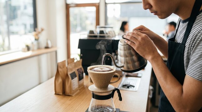 Barista pouring hot water from kettle into filter for fresh brewed coffee in modern cafe, professional brewing process, steam rising from cup, morning beverage preparation