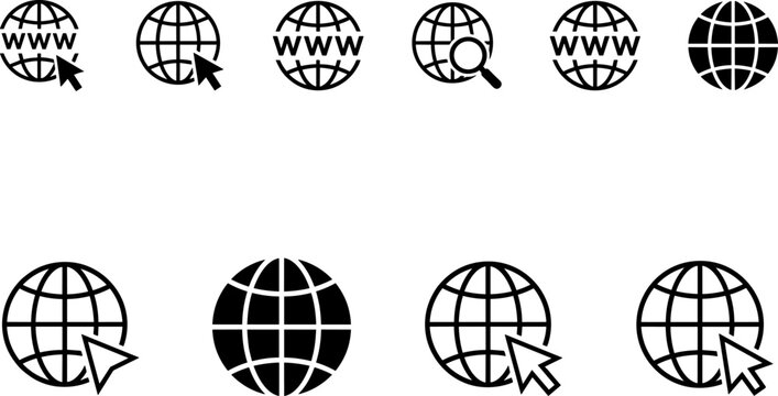 Web globe icon set with www text mouse cursor arrow and magnifying glass isolated on white background vector illustration