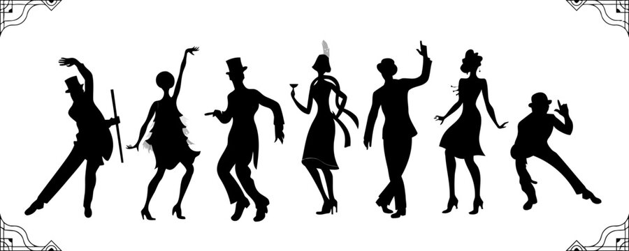 Roaring Twenties Dancers Silhouettes in Vintage Art Deco Frame