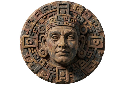 Ancient Aztec Stone Mask with Intricate Geometric Patterns Isolated on Transparent Background