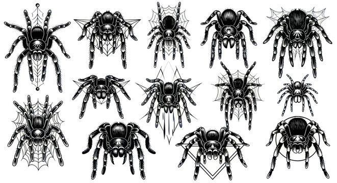 Tarantula Spider Collection - Detailed Black and White Illustrations