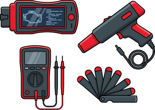 A set of electronic tools including a heat gun and multimeter on a table indoors.