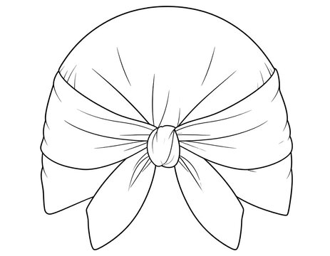 Black and white illustration of a tied head covering. The fabric gathers at the top, knotted in the front with flowing tails