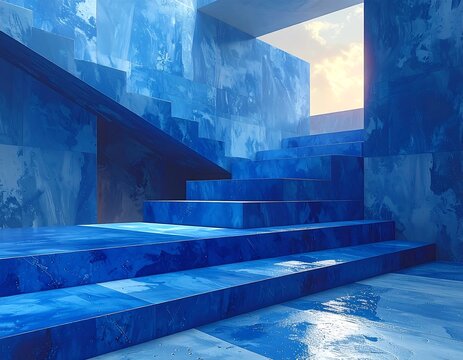 Blue-toned, architectural rendering featuring a staircase ascending to an illuminated sky. Surfaces boast marbleized texture
