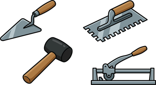 Workers use various tools on a construction site with hammer