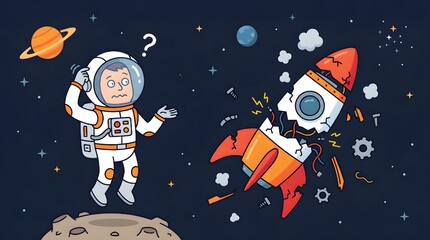 Fototapeta premium Confused Astronaut and Damaged Rocket in Space