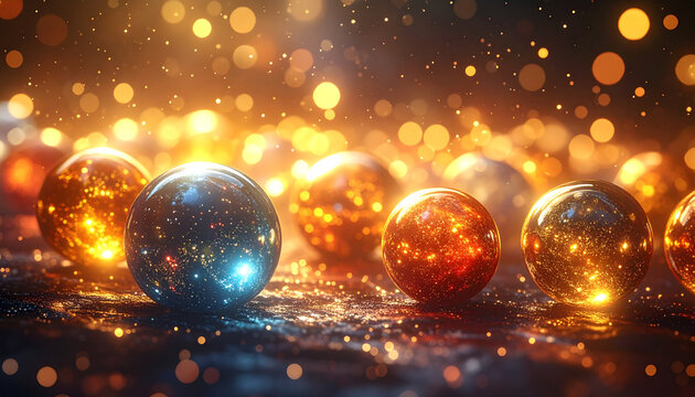 Cosmic glass spheres with glowing lights and bokeh effect