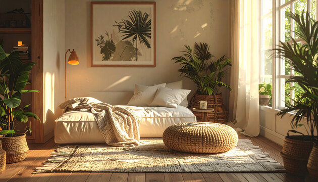 Cozy sunlit room with plants and comfortable daybed
