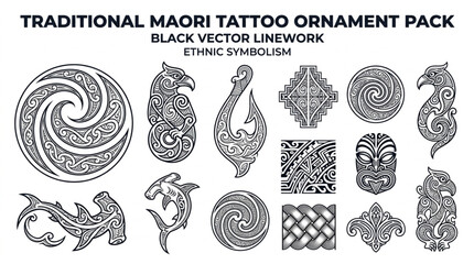 Traditional Maori Tattoo Ornament Pack Black Vector Linework Ethnic Symbolism. © Haya