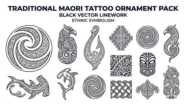Traditional Maori Tattoo Ornament Pack Black Vector Linework Ethnic Symbolism.