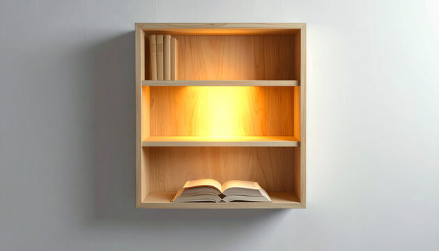 Modern wooden bookshelf with warm lighting and open book
