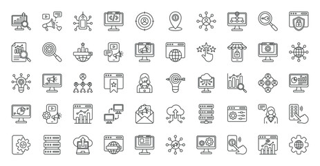 Fototapeta premium SEO Marketing icon set. SEO, digital marketing, web analytics, algorithm, target audience, networking, keyword, dashboard, web development, bookmark, traffic and more. Outline vector icons collection