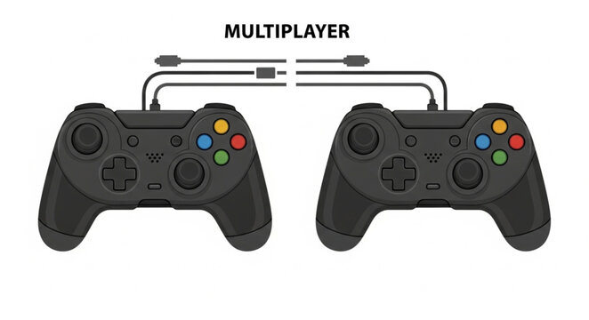 Two black video game controllers connected for multiplayer gaming.