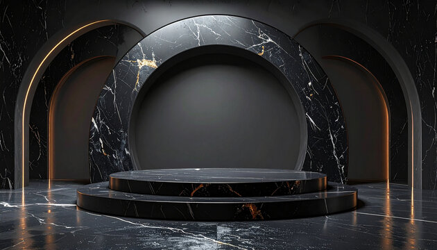 Modern black marble stage with archways and lighting effects